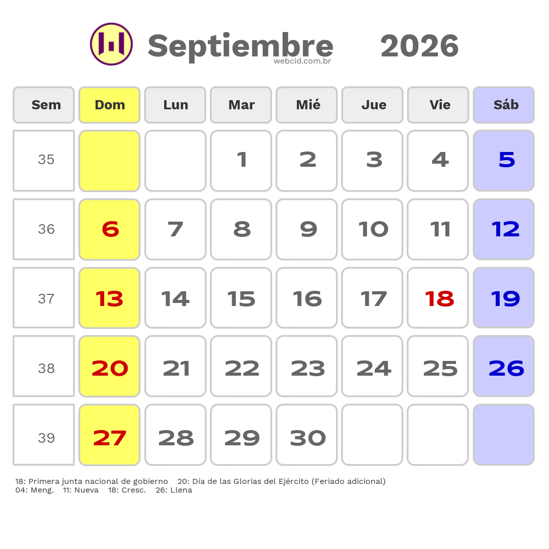 Calendario 2026 - Septiembre - Chile com feriados e fases da lua
