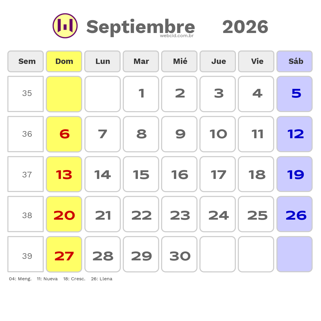 Calendario 2026 - Septiembre - Colômbia com feriados e fases da lua