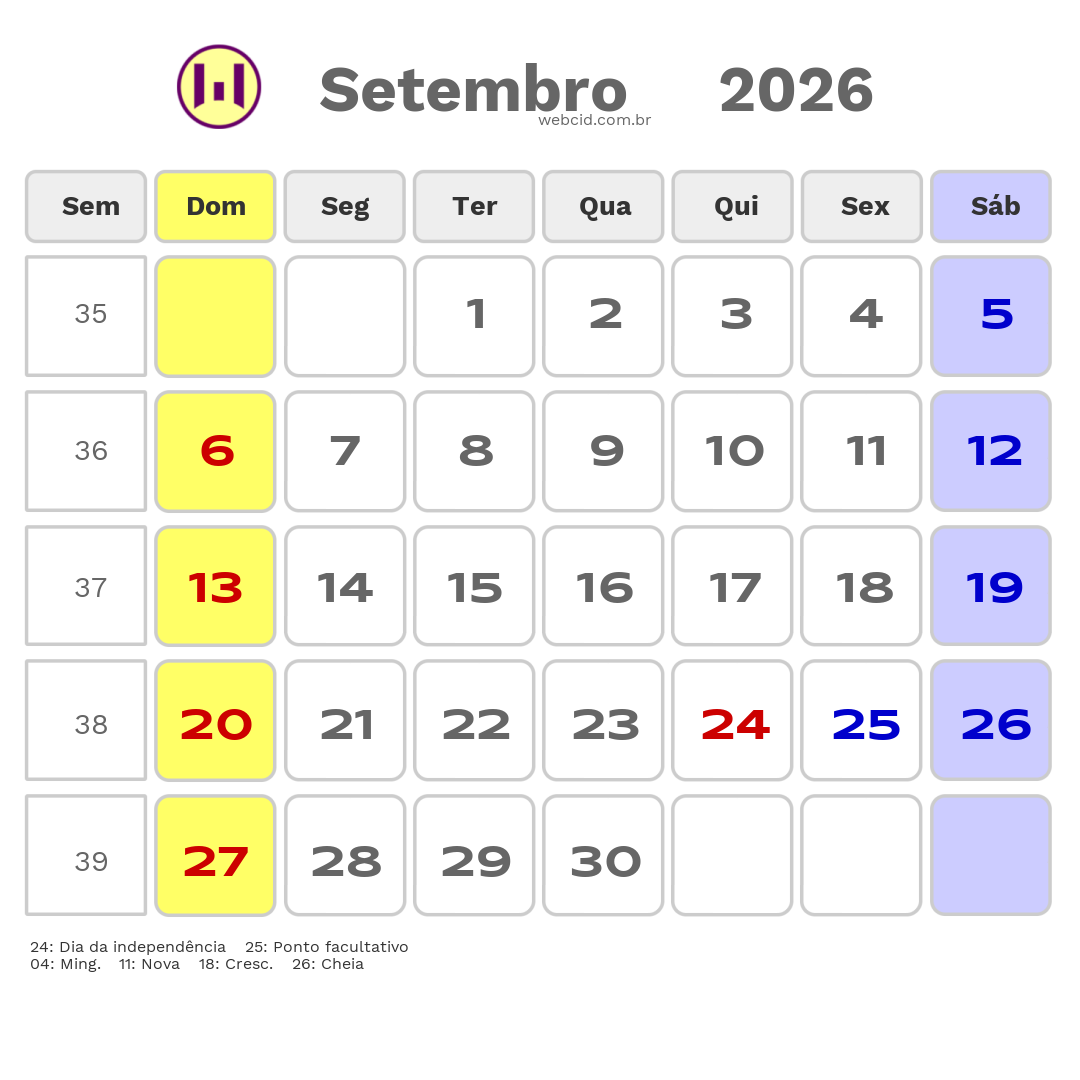Calendário 2026 - Setembro - Guiné-Bissau com feriados e fases da lua