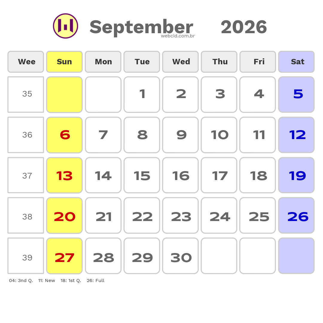 Calendar 2026 - September - Inglaterra com feriados e fases da lua
