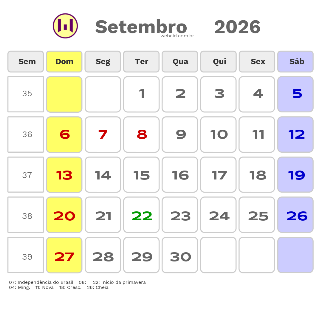 Calendário 2026 - Setembro - Sao Luis-MA com feriados e fases da lua