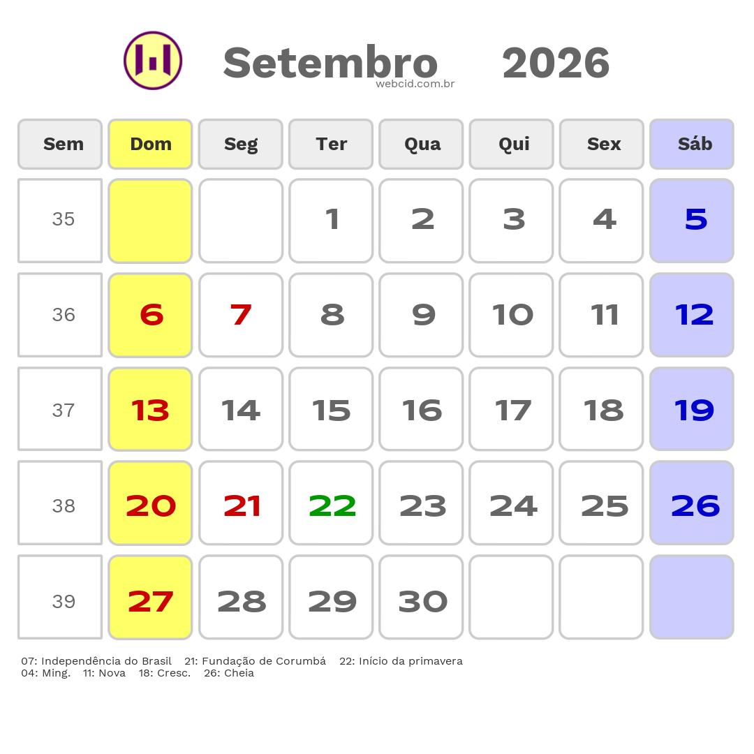 Calendário 2026 - Setembro - Corumbá-MS com feriados e fases da lua