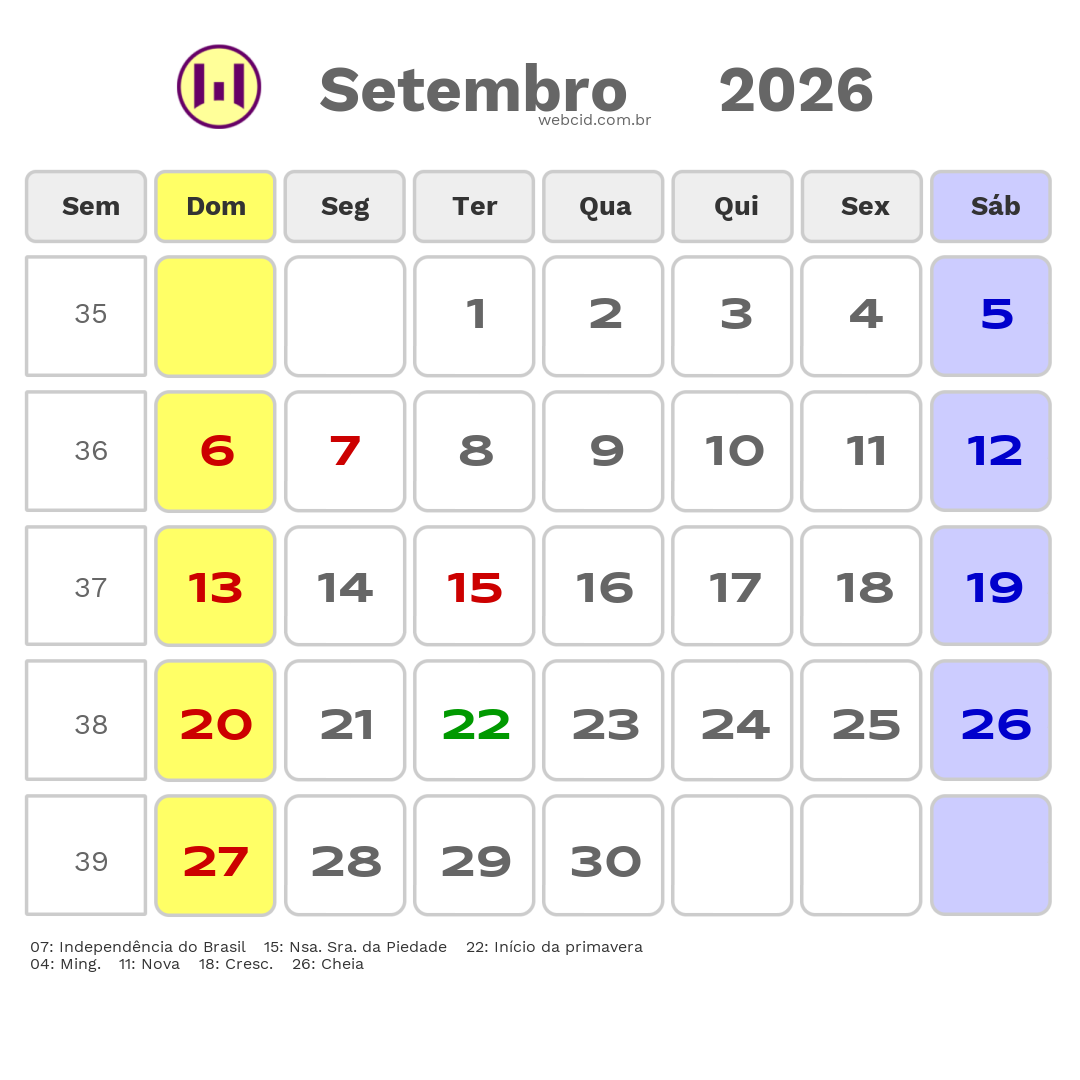 Calendário 2026 - Setembro - Barbacena-MG com feriados e fases da lua