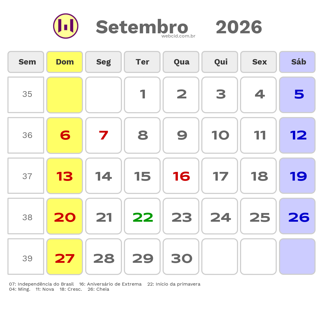 Calendário 2026 - Setembro - Extrema-MG com feriados e fases da lua