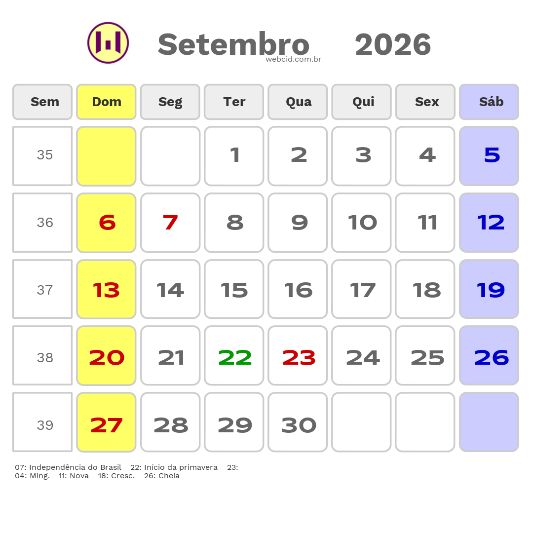 Calendário 2026 - Setembro - Tres Pontas-MG com feriados e fases da lua