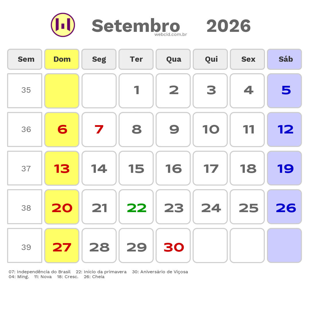 Calendário 2026 - Setembro - Viçosa-MG com feriados e fases da lua
