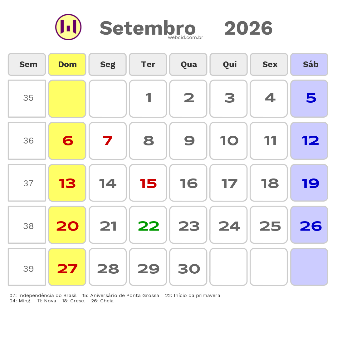 Calendário 2026 - Setembro - Ponta Grossa-PR com feriados e fases da lua
