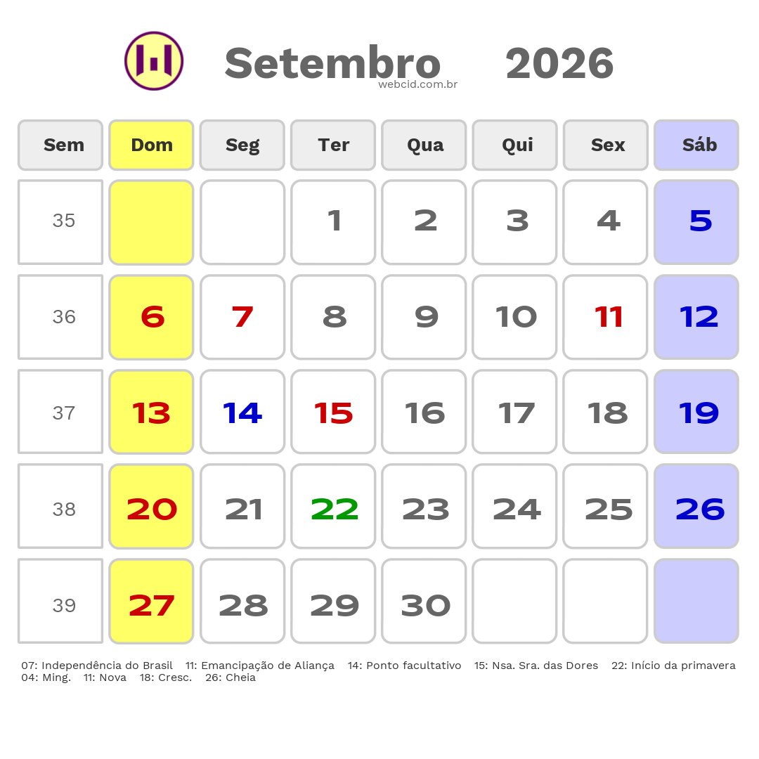 Calendário 2026 - Setembro - Aliança-PE com feriados e fases da lua
