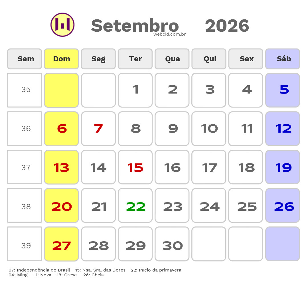 Calendário 2026 - Setembro - Caruaru-PE com feriados e fases da lua