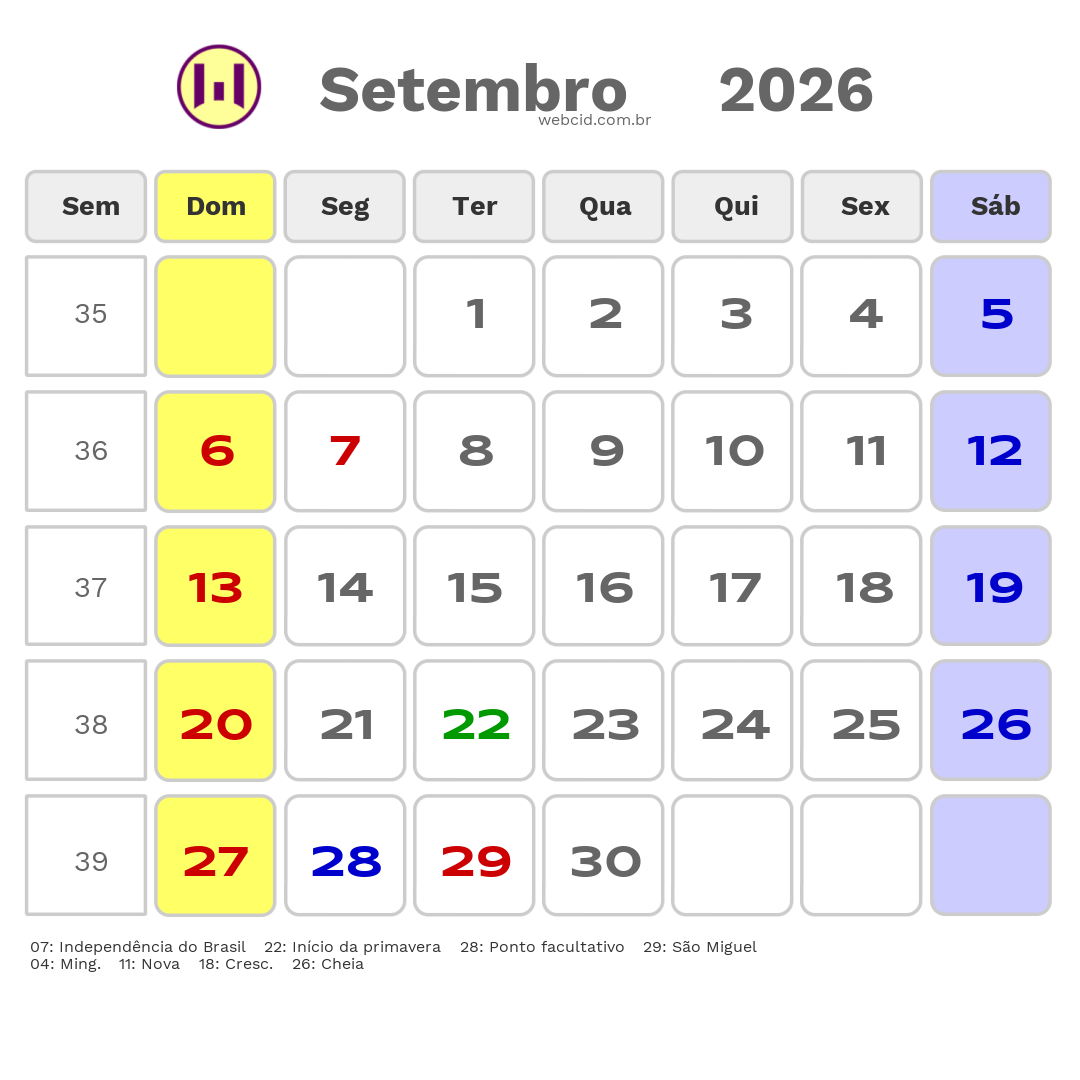 Calendário 2026 - Setembro - Ipojuca-PE com feriados e fases da lua