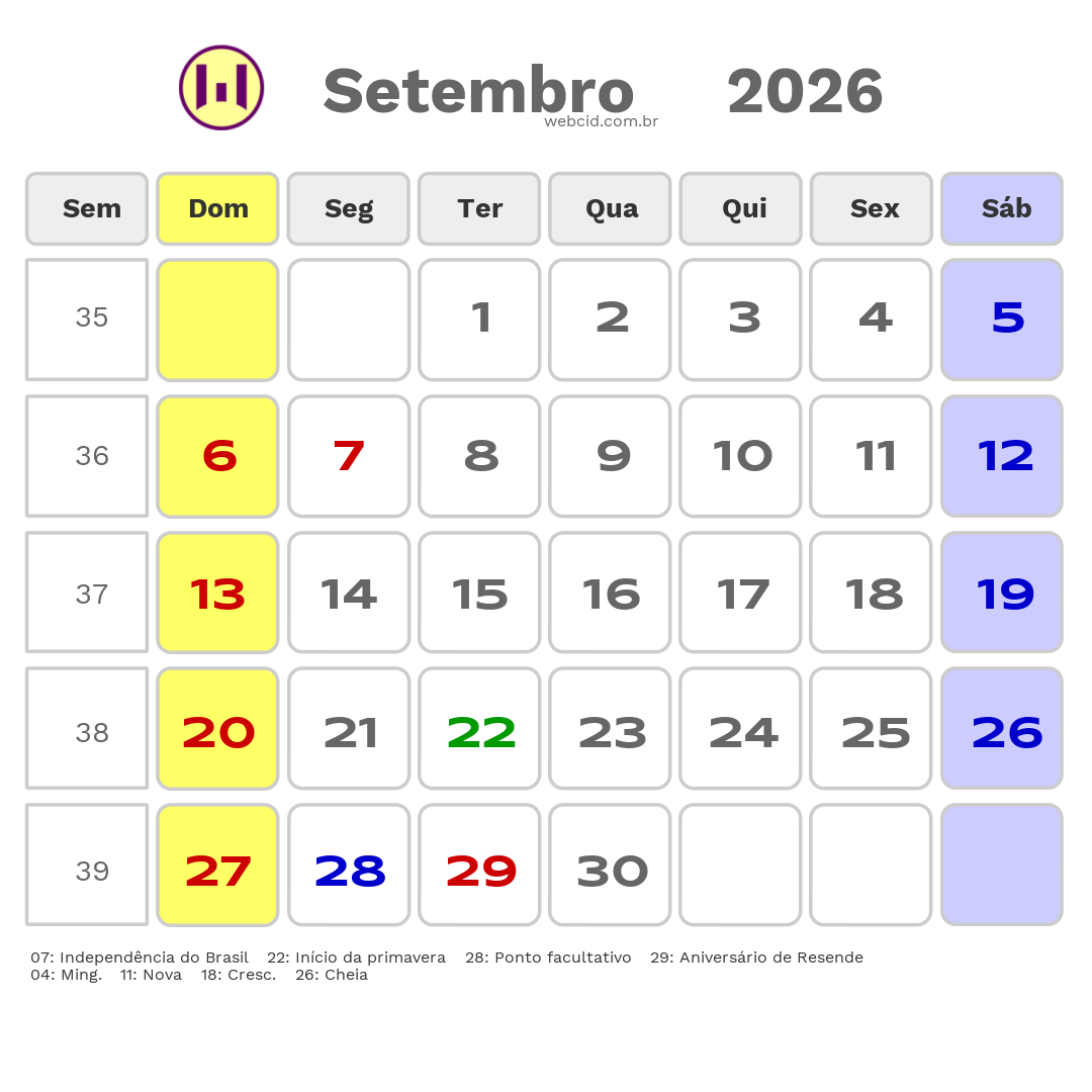 Calendário 2026 - Setembro - Resende-RJ com feriados e fases da lua