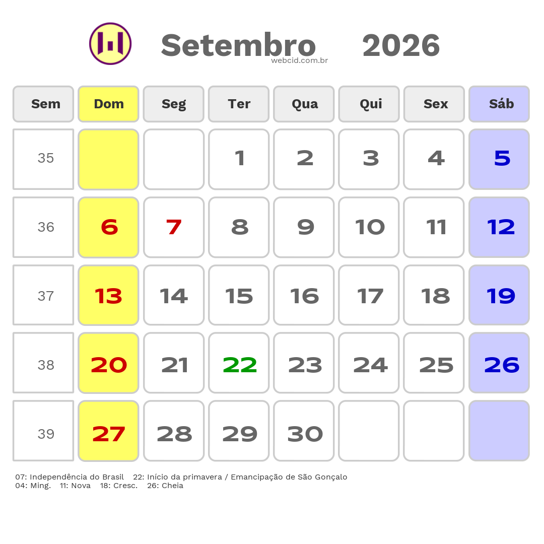 Calendário 2026 - Setembro - São Gonçalo-RJ com feriados e fases da lua