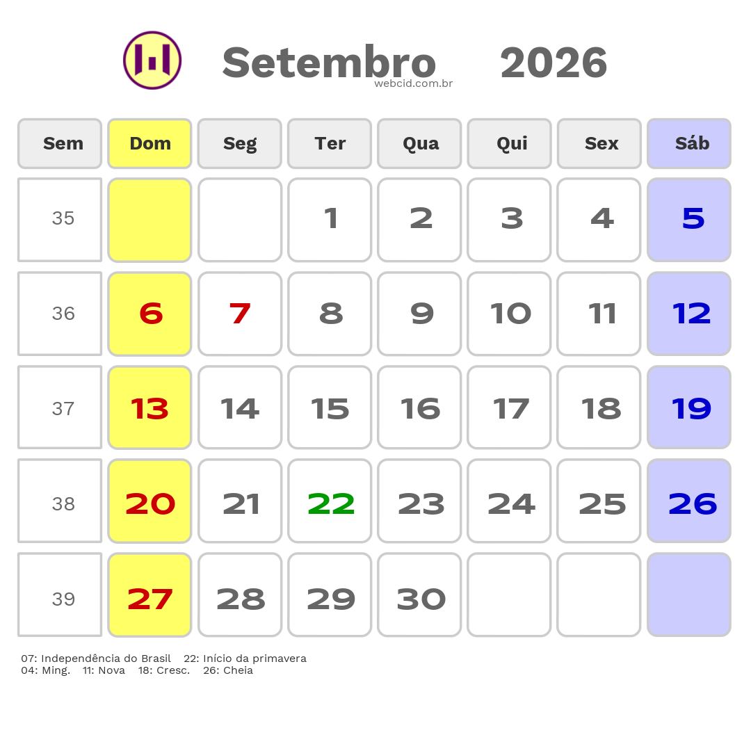 Calendário 2026 - Setembro - Natal-RN com feriados e fases da lua