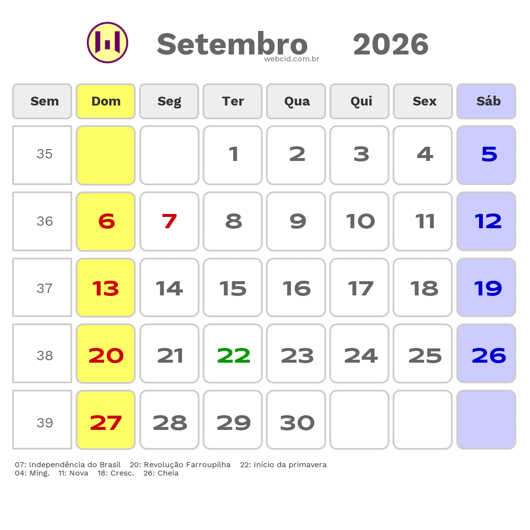 Calendário 2026 - Setembro - Rio Grande do Sul com feriados e fases da lua