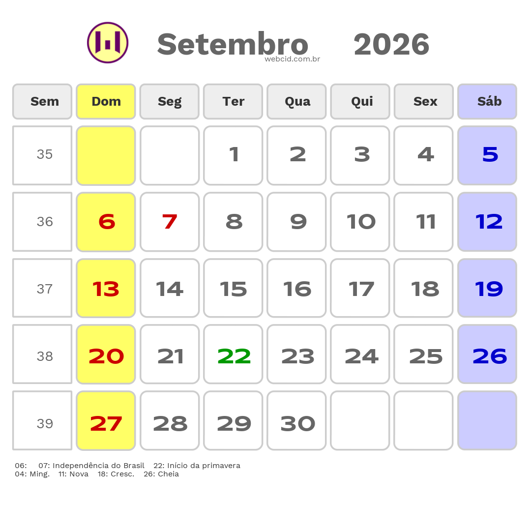 Calendário 2026 - Setembro - Balneario Rincão-SC com feriados e fases da lua