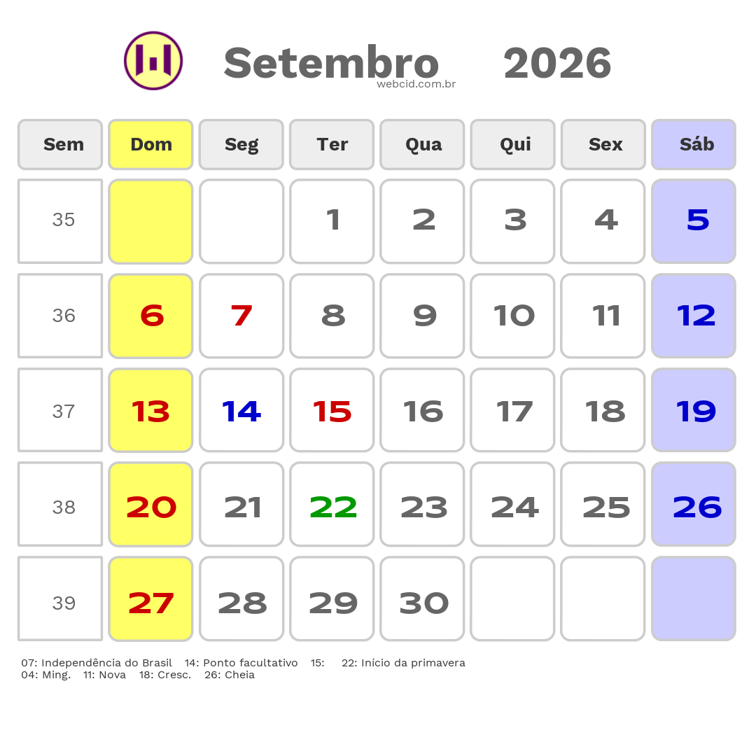Calendário 2026 - Setembro - Jose Bonifacio-SP com feriados e fases da lua