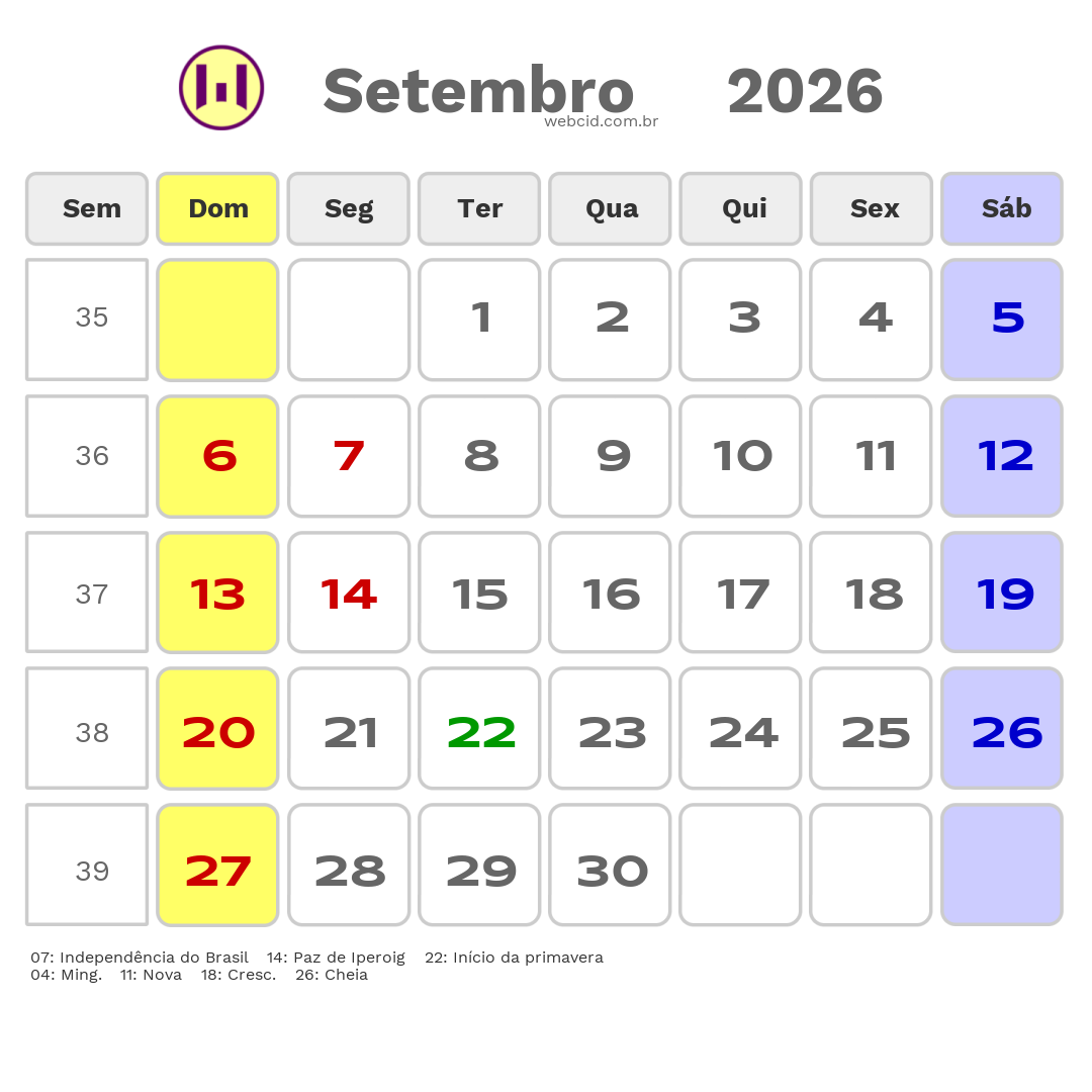 Calendário 2026 - Setembro - Ubatuba-SP com feriados e fases da lua