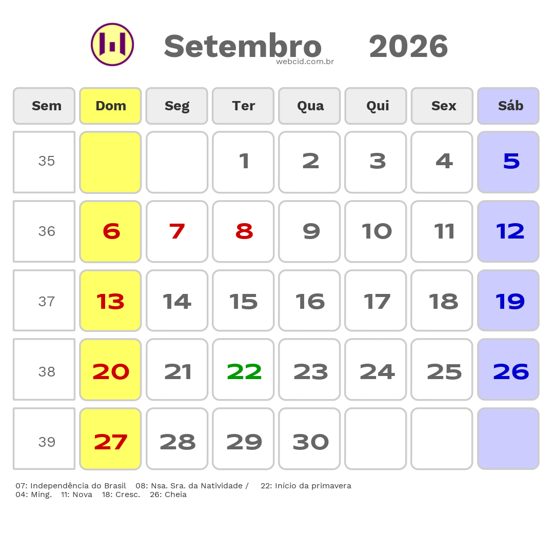 Calendário 2026 - Setembro - Mateiros-TO com feriados e fases da lua