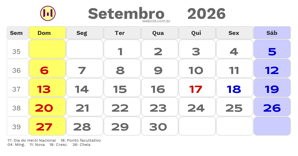 Calendário 2026 - Setembro - Angola com feriados e fases da lua
