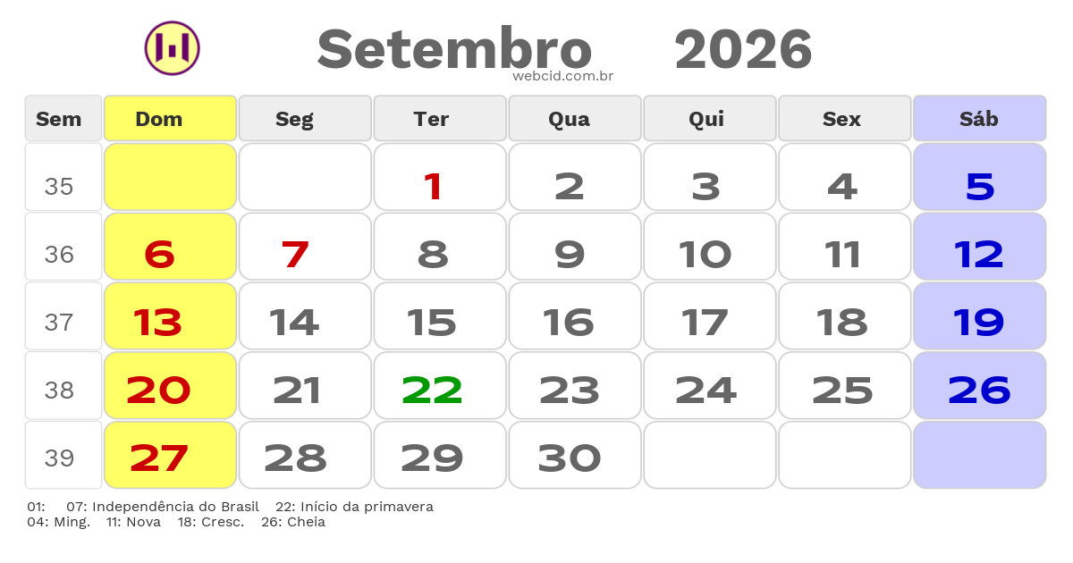 Calendário 2026 - Setembro - Correntina-BA com feriados e fases da lua