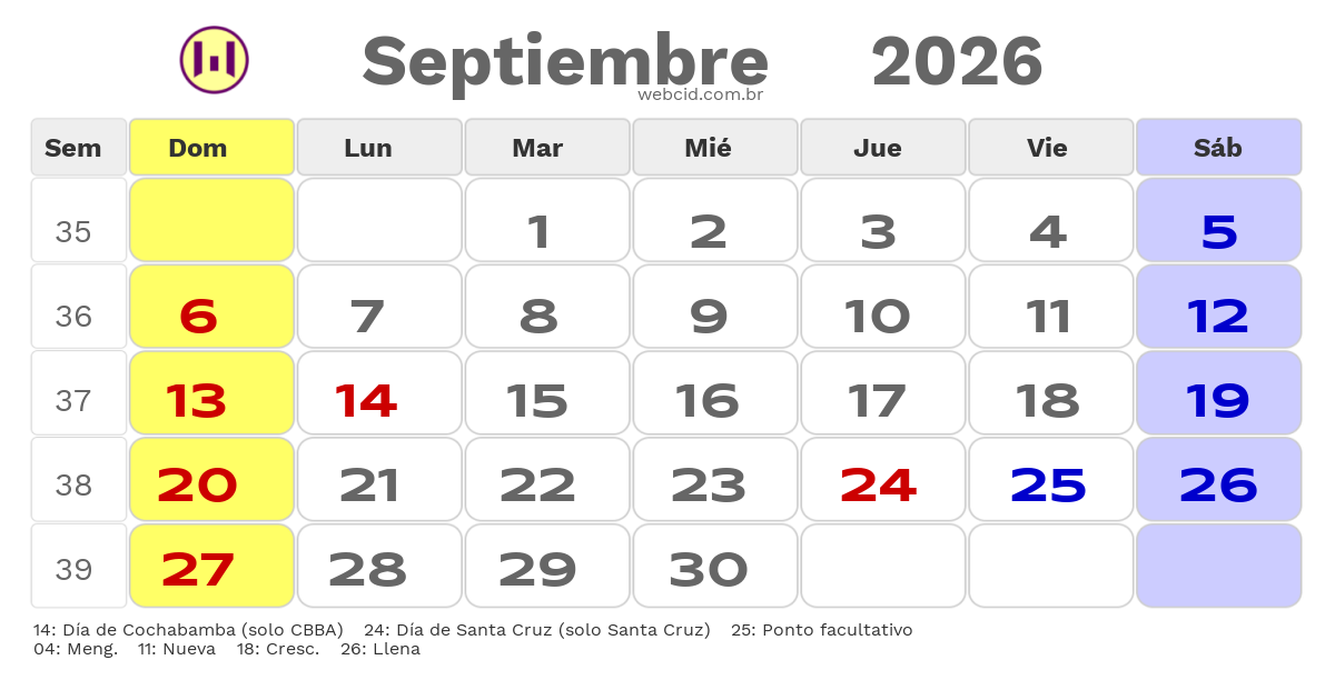 Calendario 2026 - Septiembre - Bolívia com feriados e fases da lua