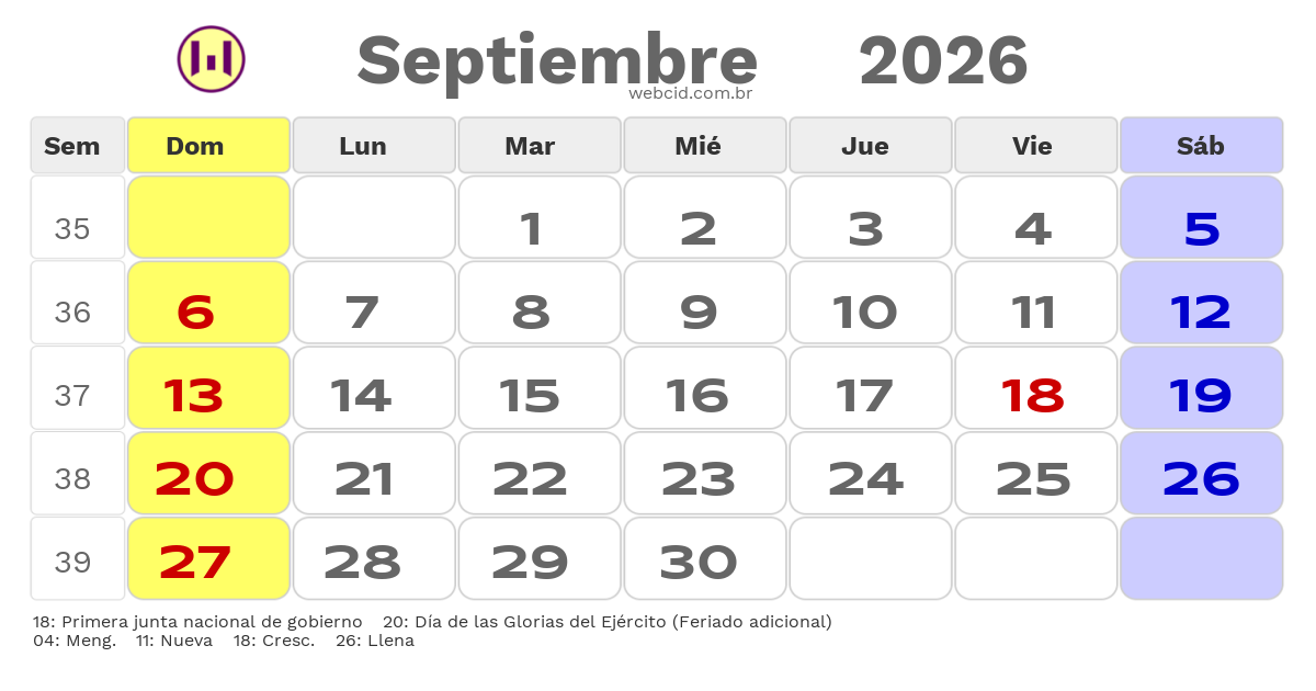 Calendario 2026 - Septiembre - Chile com feriados e fases da lua