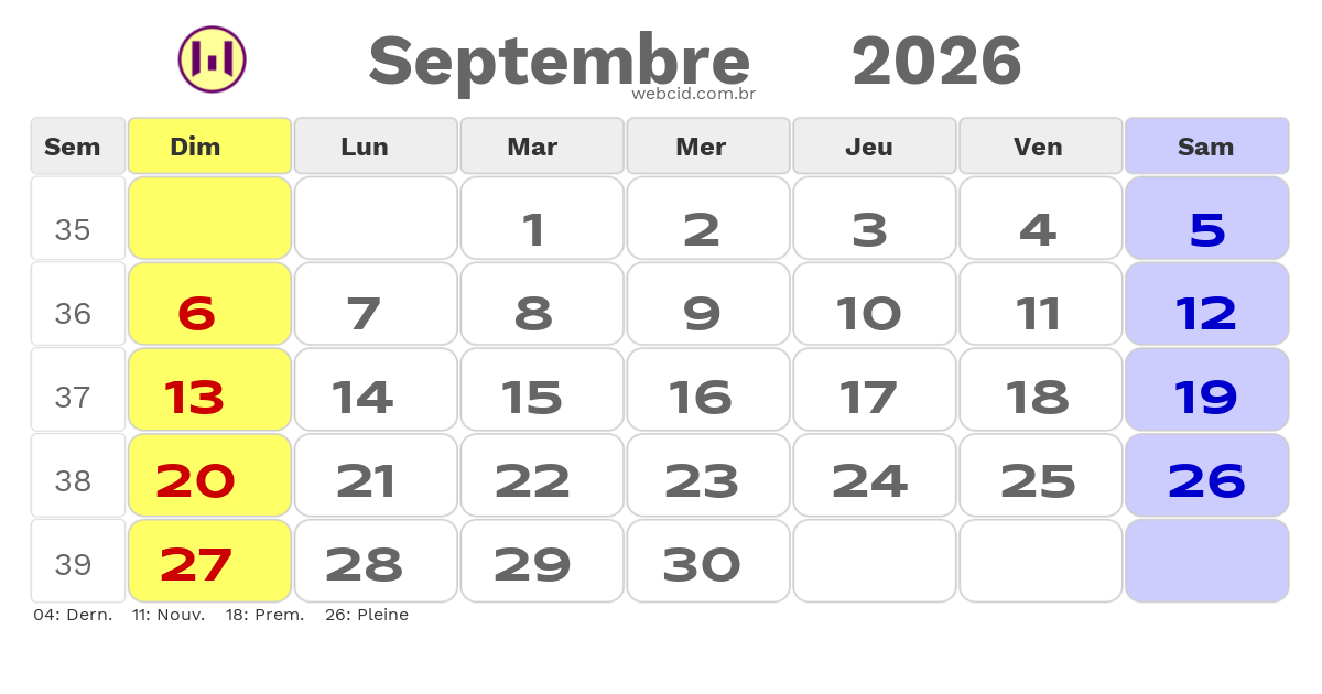 Calendrier 2026 - Septembre - La France com feriados e fases da lua