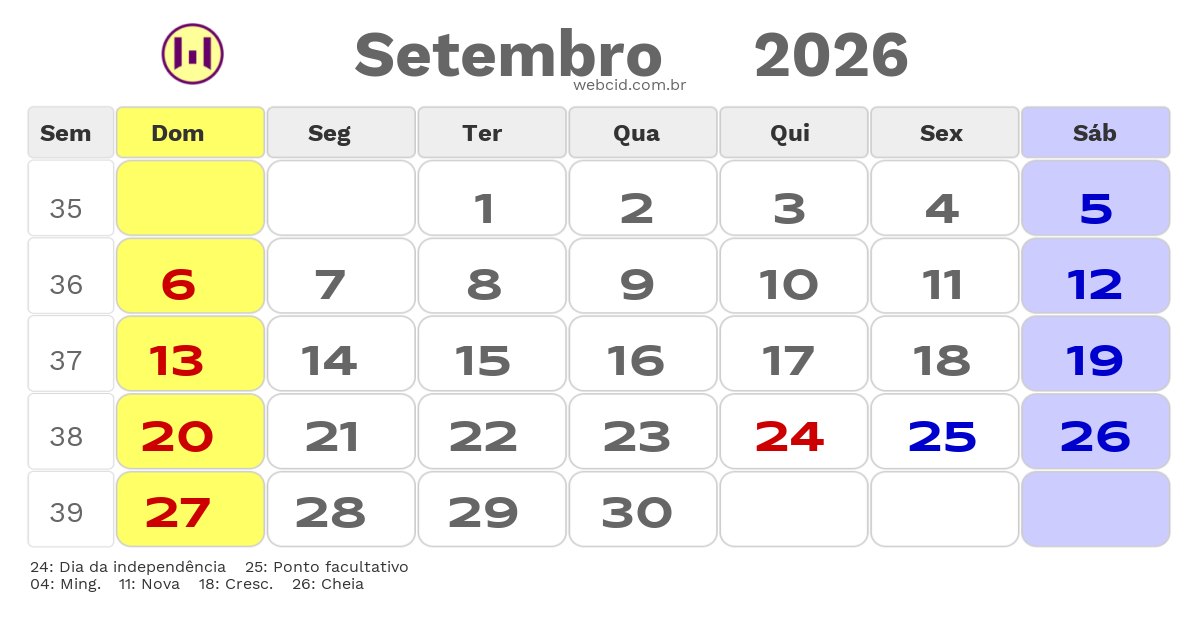 Calendário 2026 - Setembro - Guiné-Bissau com feriados e fases da lua