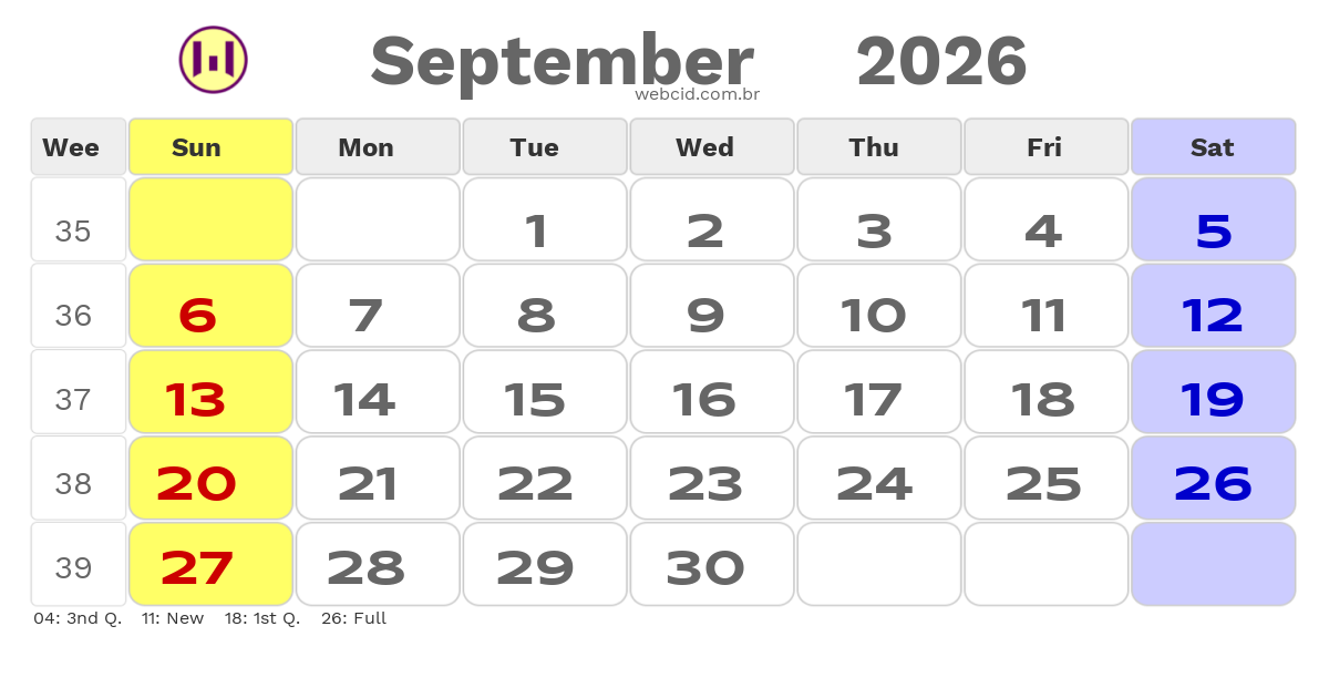 Calendar 2026 - September - Inglaterra com feriados e fases da lua