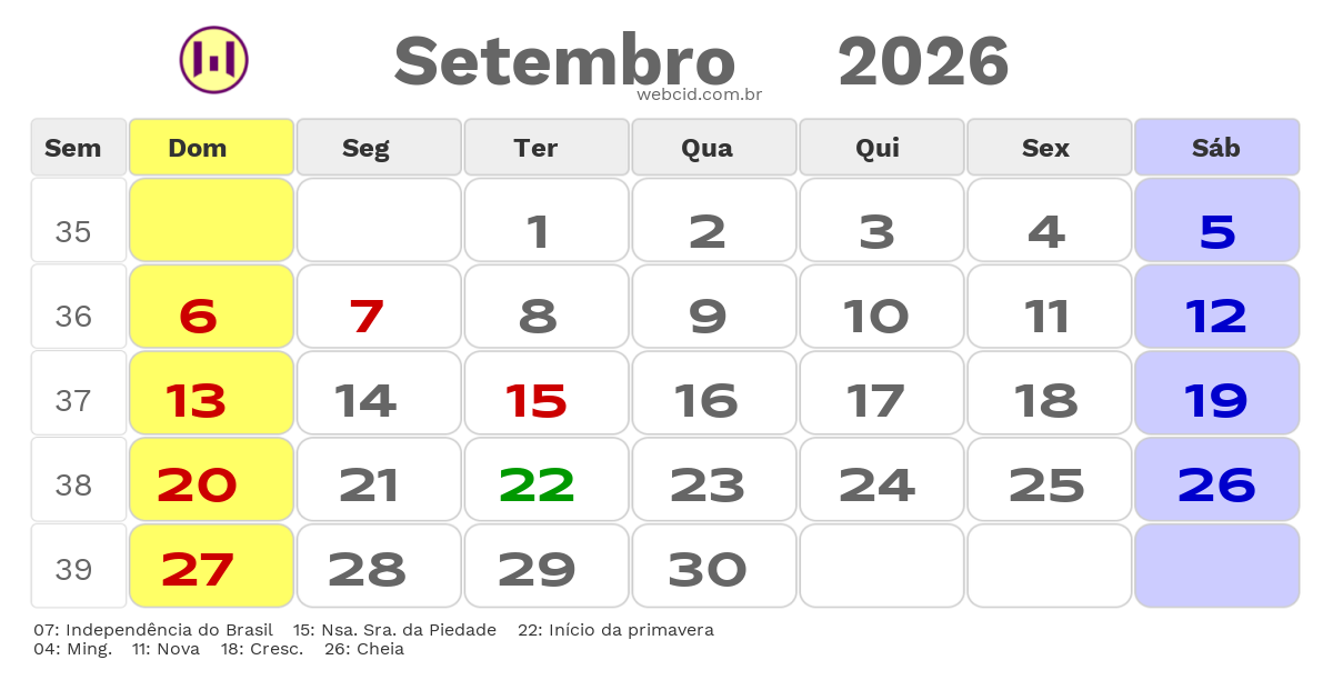 Calendário 2026 - Setembro - Barbacena-MG com feriados e fases da lua