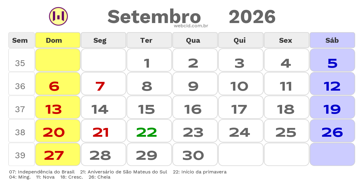 Calendário 2026 - Setembro - São Mateus do Sul-PR com feriados e fases da lua