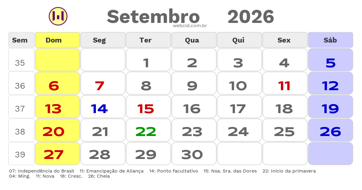 Calendário 2026 - Setembro - Aliança-PE com feriados e fases da lua