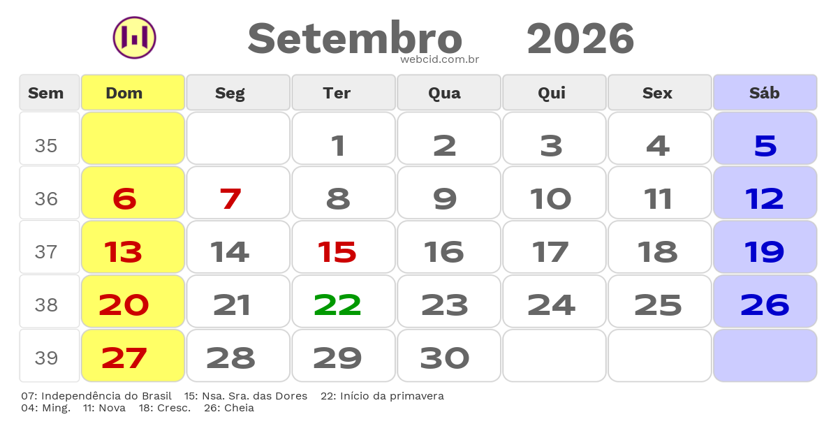 Calendário 2026 - Setembro - Caruaru-PE com feriados e fases da lua