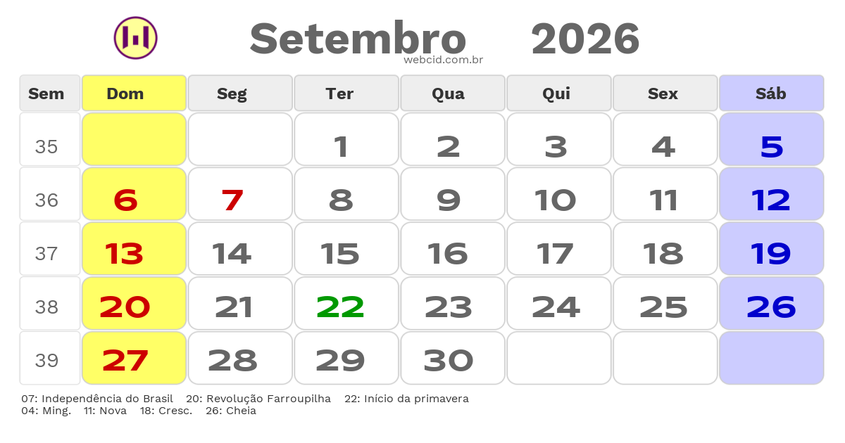 Calendário 2026 - Setembro - Rio Grande do Sul com feriados e fases da lua