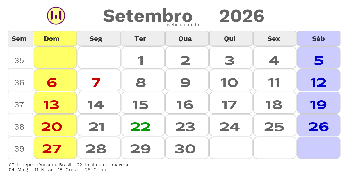 Calendário 2026 - Setembro - Guarujá-SP com feriados e fases da lua