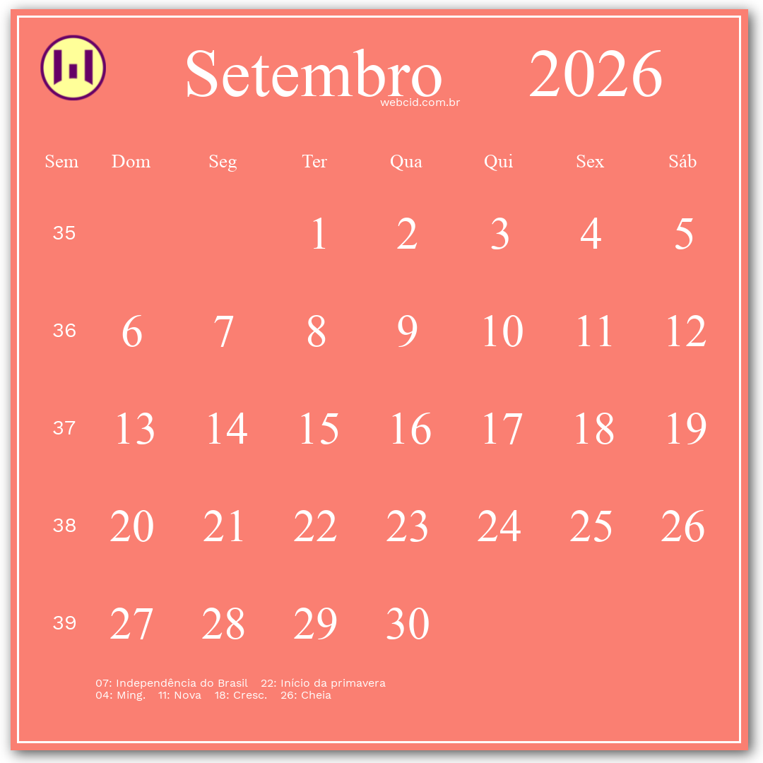 Calendário 2026 - Setembro - Brasil com feriados e fases da lua