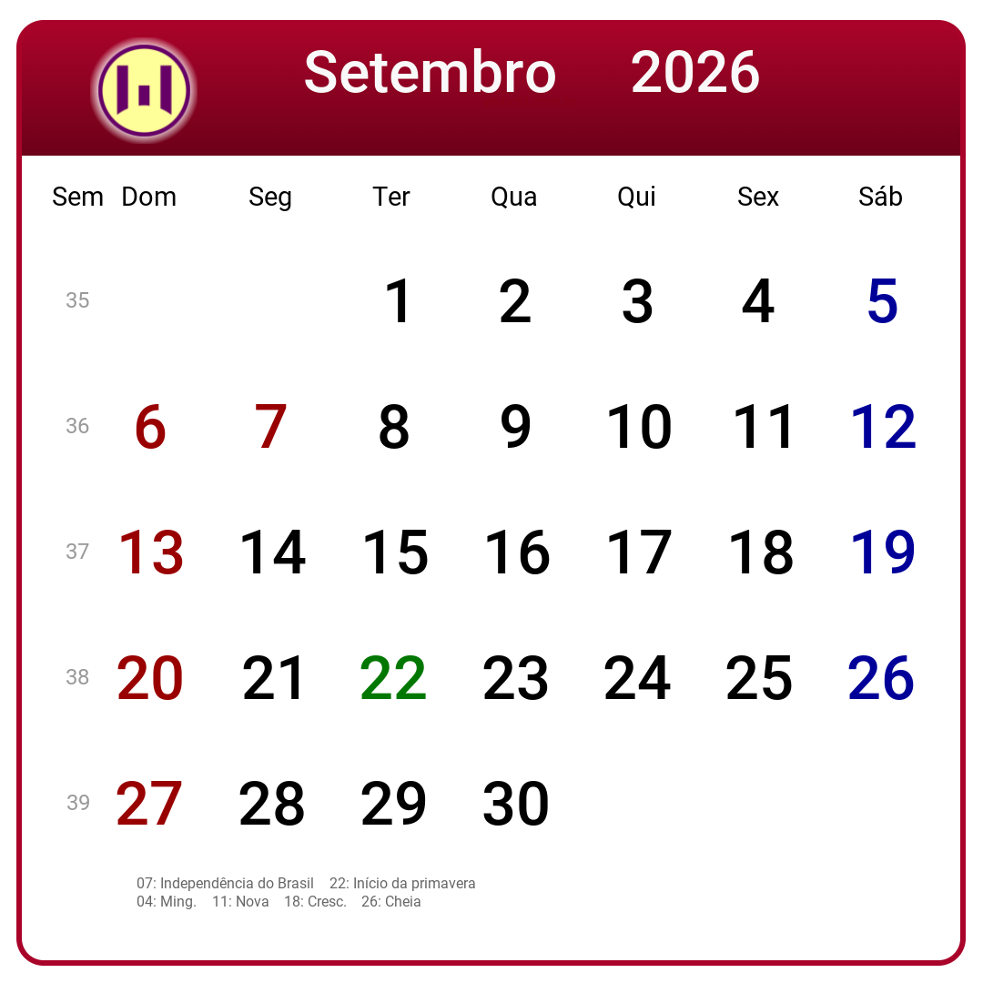 Calendário 2026 - Setembro - Brasil com feriados e fases da lua
