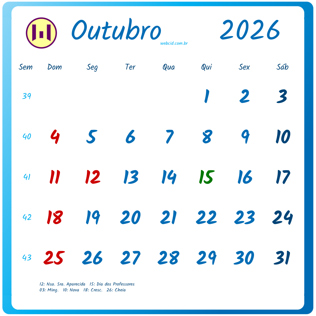 Calendário 2026 - Outubro - Brasil com feriados e fases da lua