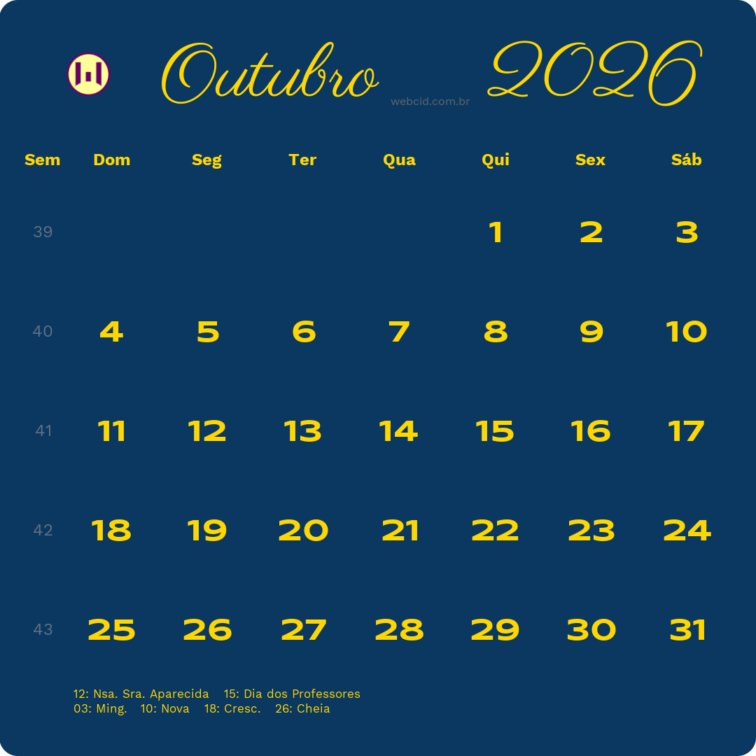 Calendário 2026 - Outubro - Brasil com feriados e fases da lua