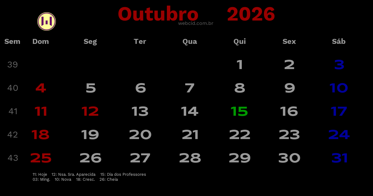 Calendário 2026 - Outubro - Brasil com feriados e fases da lua