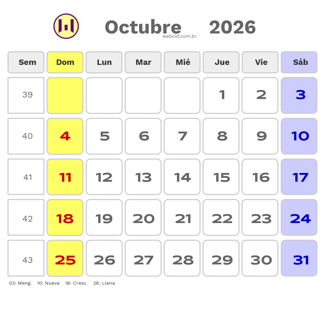 Calendario 2026 - Octubre - Bolívia com feriados e fases da lua