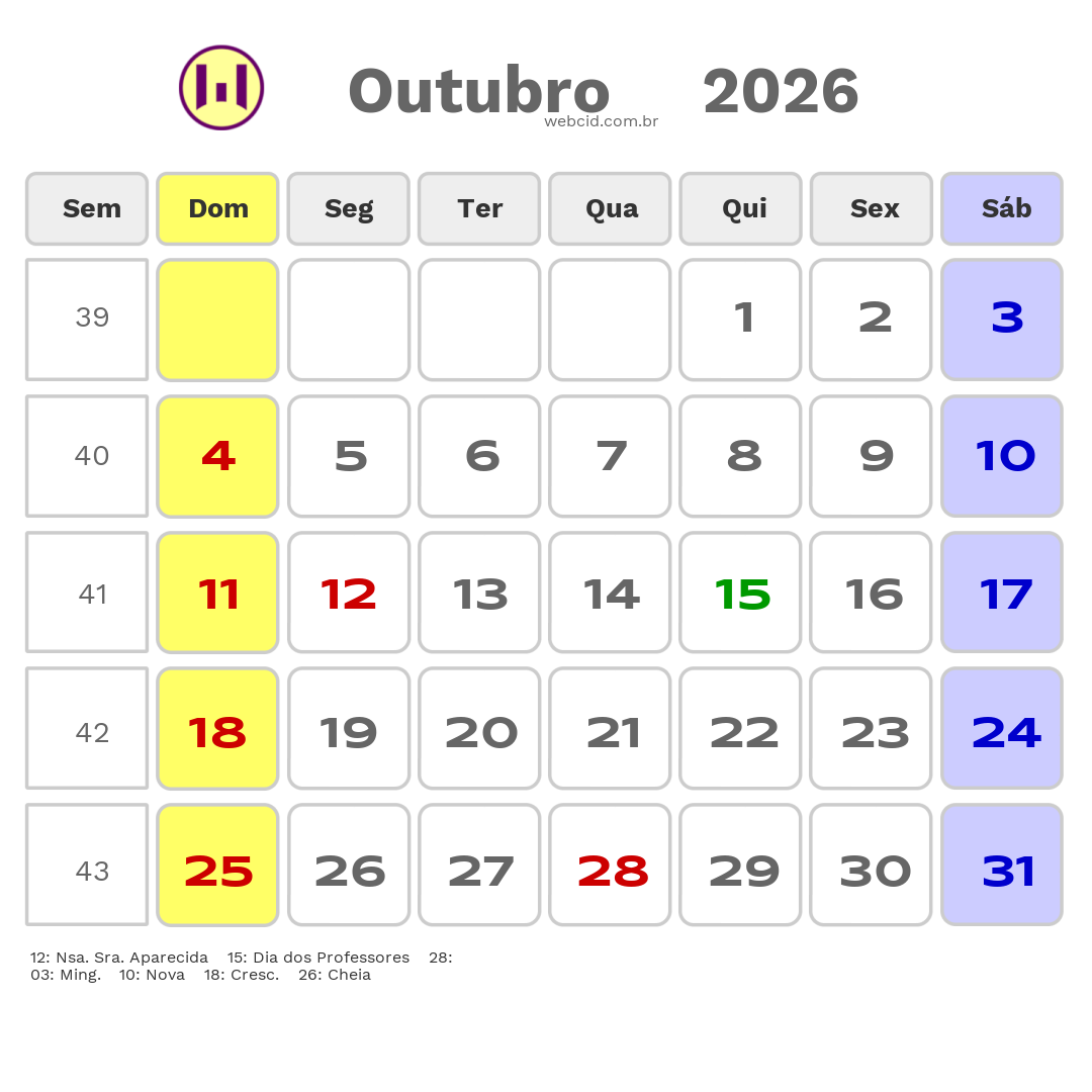Calendário 2026 - Outubro - Pacajus-CE com feriados e fases da lua
