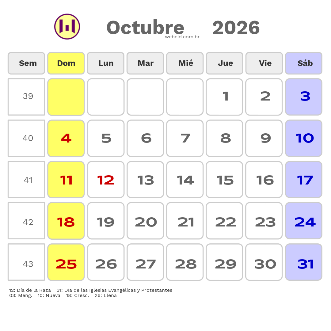 Calendario 2026 - Octubre - Chile com feriados e fases da lua