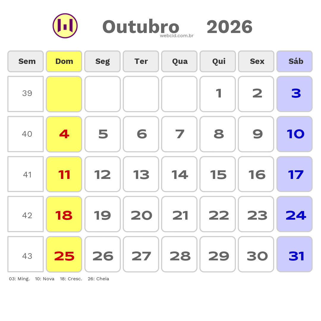 Calendário 2026 - Outubro - Copa do Mundo FIFA com feriados e fases da lua