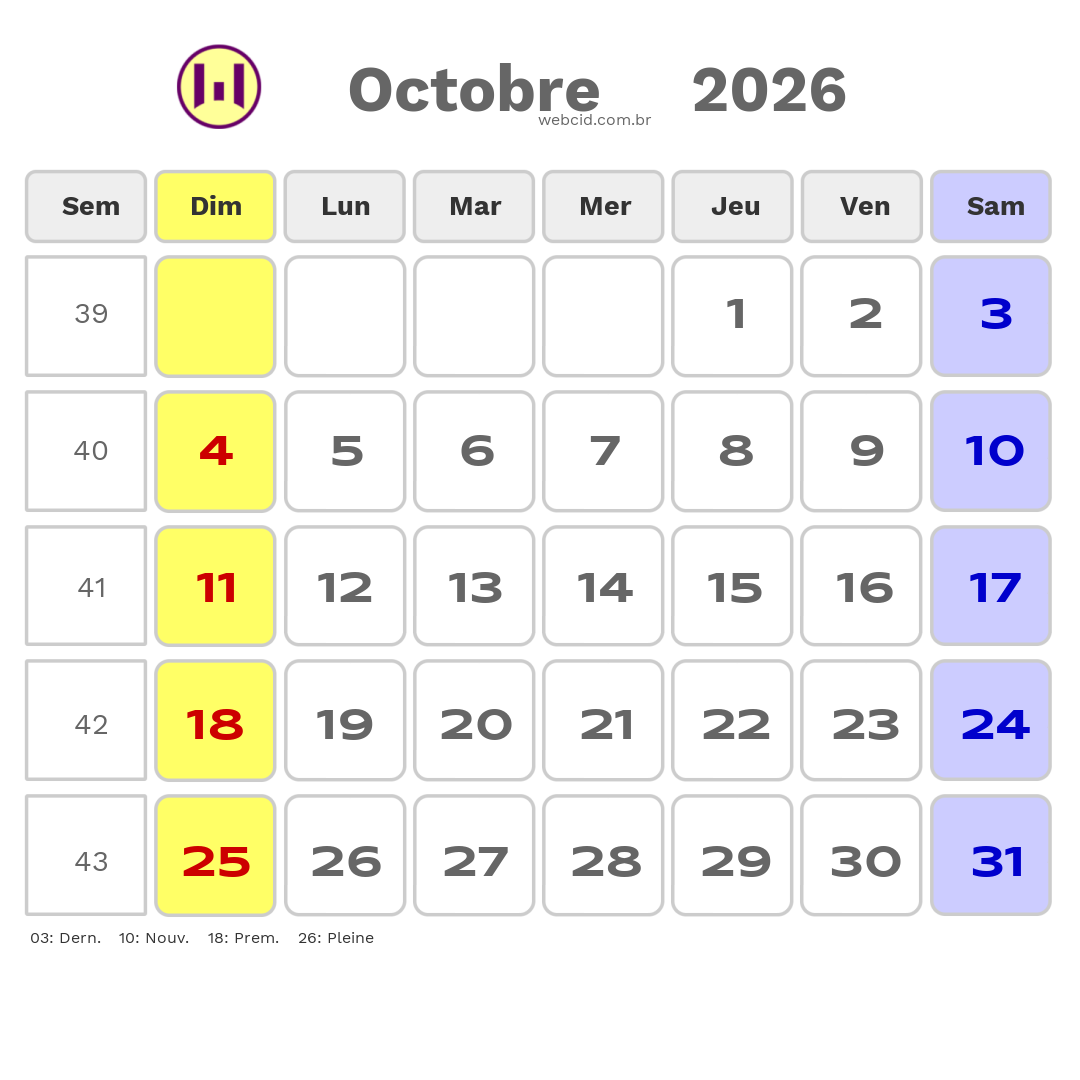 Calendrier 2026 - Octobre - La France com feriados e fases da lua
