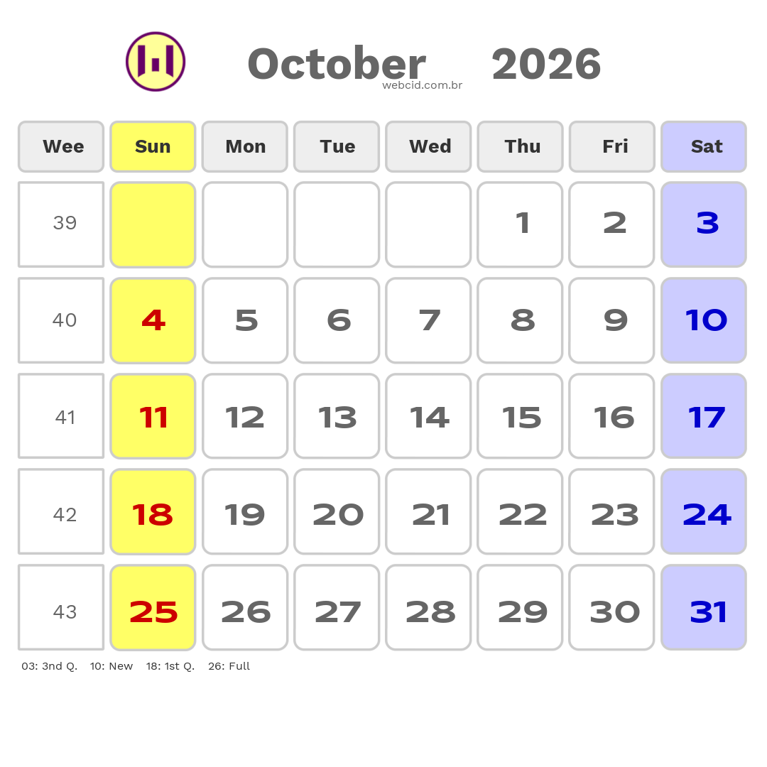 Calendar 2026 - October - Inglaterra com feriados e fases da lua