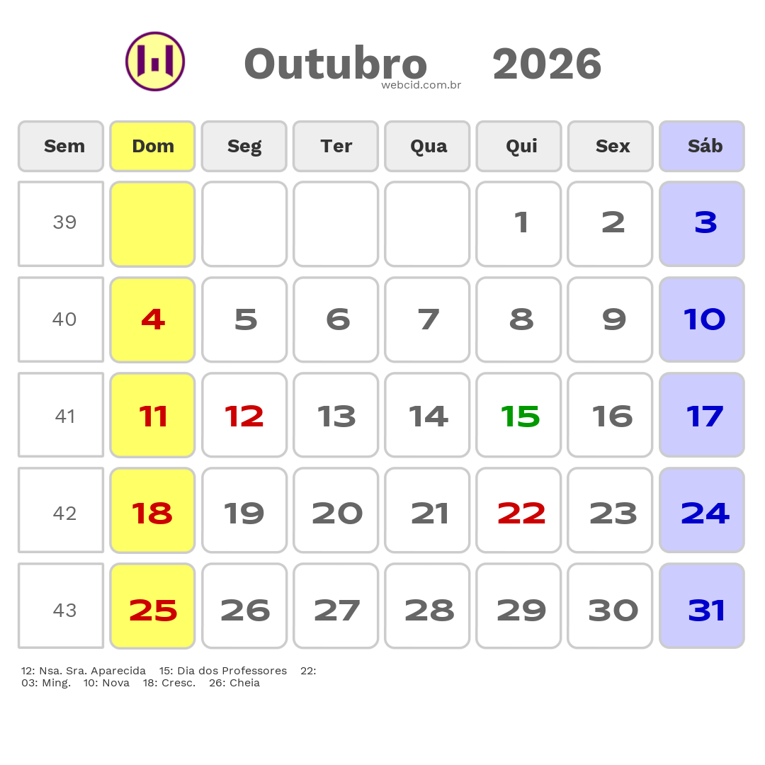 Calendário 2026 - Outubro - Timbiras-MA com feriados e fases da lua