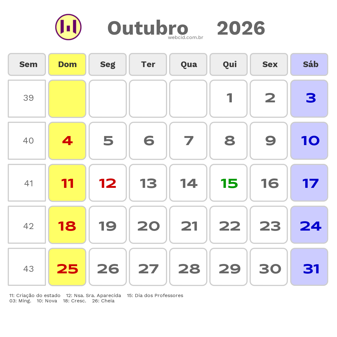 Calendário 2026 - Outubro - Corumbá-MS com feriados e fases da lua