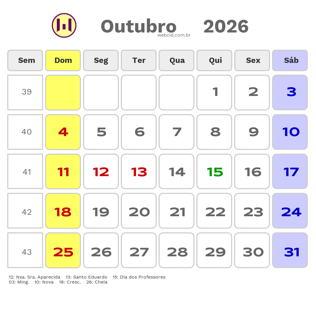 Calendário 2026 - Outubro - Lavras-MG com feriados e fases da lua