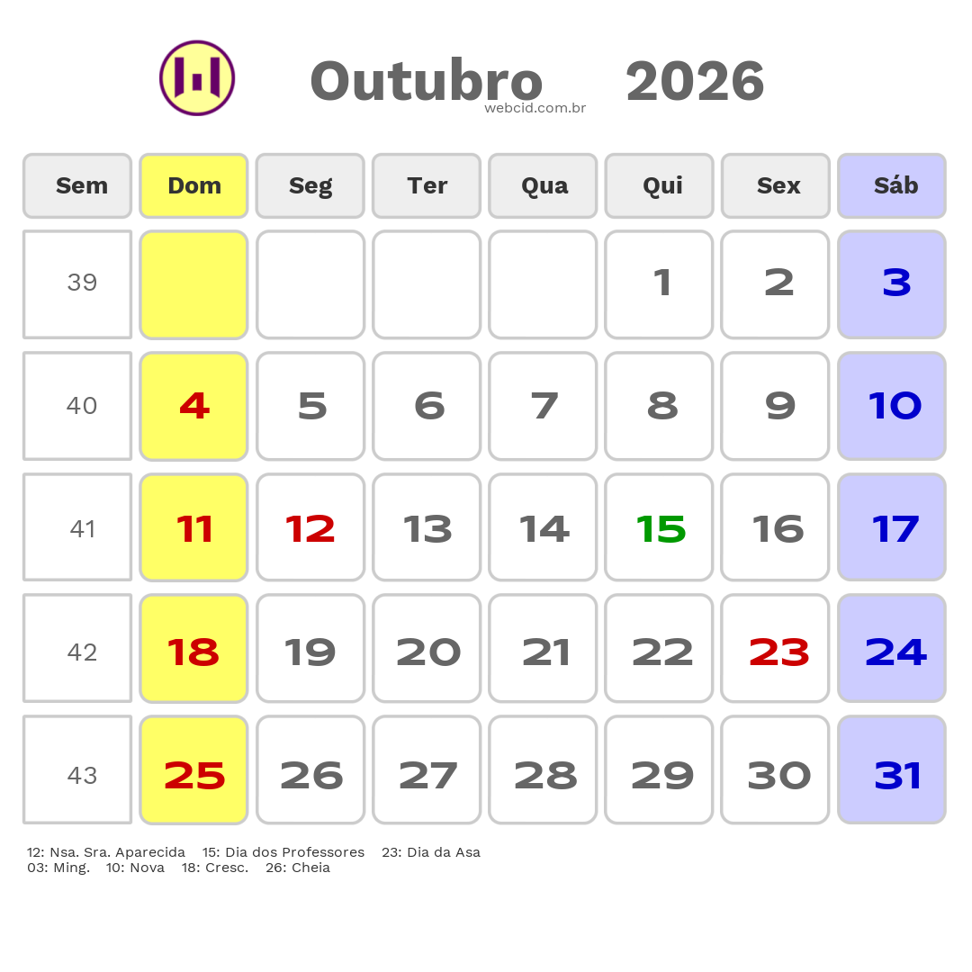 Calendário 2026 - Outubro - Santos Dumont-MG com feriados e fases da lua